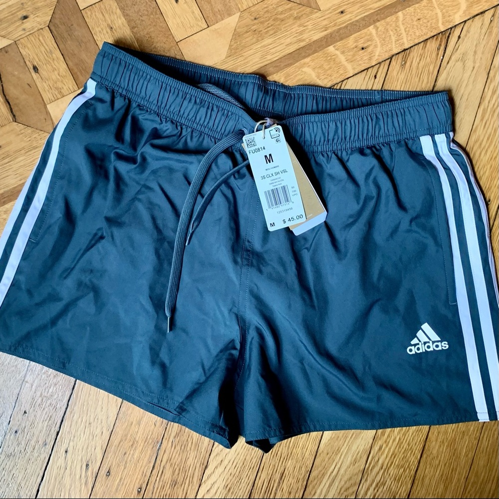 adidas Classic 3-stripe short inseam swim trunks